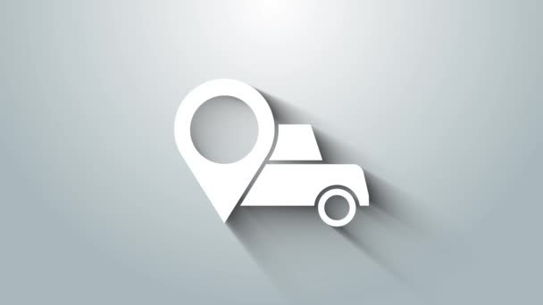 Weißer Kartenzeiger mit Taxisymbol auf grauem Hintergrund. Standortsymbol. 4K Video Motion Grafik Animation — Stockvideo