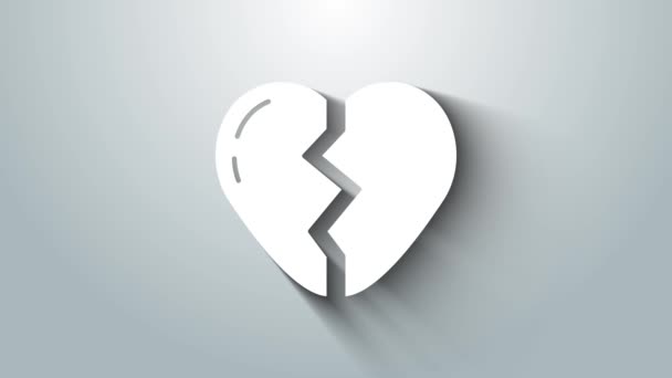 Vit bruten hjärta eller skilsmässa ikon isolerad på grå bakgrund. Kärlekssymbol. Alla hjärtans dag. 4K Video motion grafisk animation — Stockvideo