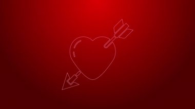 Kırmızı zemin üzerinde kalp ve ok simgesi olan yeşil çizgi Amour sembolü. Aşk işareti. Sevgililer Günü sembolü. 4K Video hareketli grafik canlandırması