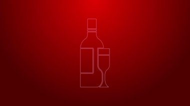 Yeşil çizgi. Kırmızı arka planda cam ikon olan şampanya şişesi. 4K Video hareketli grafik canlandırması