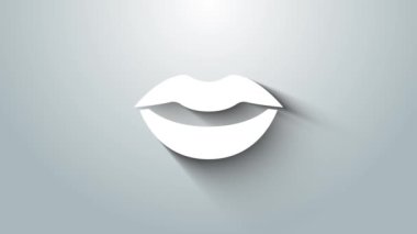 Gri arkaplanda beyaz gülümseyen dudaklar ikonu. Gülümse. 4K Video hareketli grafik canlandırması