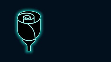 Parlayan neon hattı çiçek gül simgesi siyah arkaplanda izole edildi. 4K Video hareketli grafik canlandırması