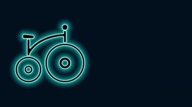 Parlak neon çizgisi, tek tekerli eski bisiklet ve siyah arka planda izole edilmiş küçük bir ikon. Bisikletle toplu taşıma levhası. 4K Video hareketli grafik canlandırması