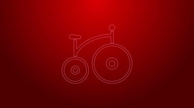 Yeşil çizgili, tek tekerli eski bir bisiklet ve kırmızı arka planda izole edilmiş küçük bir ikon. Bisikletle toplu taşıma levhası. 4K Video hareketli grafik canlandırması