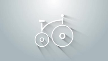 Gri arka planda izole edilmiş büyük bir tekerleği ve küçük bir ikonu olan beyaz Vintage bisiklet. Bisikletle toplu taşıma levhası. 4K Video hareketli grafik canlandırması