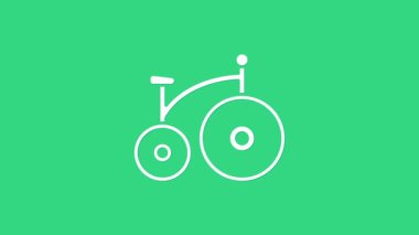 Tek tekerli beyaz antika bisiklet ve yeşil arka planda izole edilmiş küçük bir ikon. Bisikletle toplu taşıma levhası. 4K Video hareketli grafik canlandırması