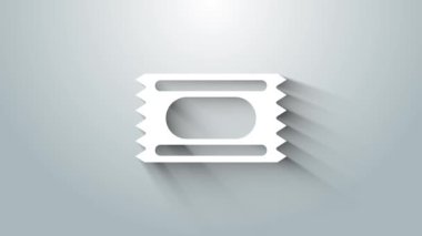 Beyaz Sirk bileti ikonu gri arka planda izole edildi. Eğlence parkı. 4K Video hareketli grafik canlandırması