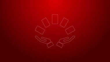 Yeşil Hat El kırmızı arkaplanda iskambil kâğıdı simgesi tutuyor. Kumarhane oyun tasarımı. 4K Video hareketli grafik canlandırması