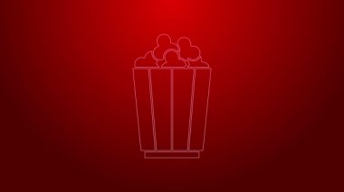 Kırmızı arka planda izole edilmiş karton kutuda yeşil çizgi patlamış mısır. Patlamış mısır kutusu. 4K Video hareketli grafik canlandırması