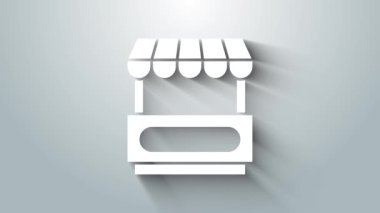 Gri arka planda tente simgesi olan beyaz Fast sokak yemek arabası. Şehir büfesi. 4K Video hareketli grafik canlandırması