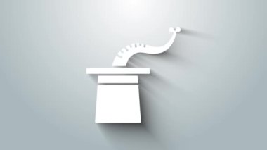 Beyaz Sihirbaz şapka simgesi gri arkaplanda izole edildi. Sihir numarası. Gizemli eğlence konsepti. 4K Video hareketli grafik canlandırması