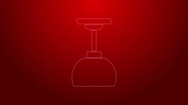 Yeşil çizgi lambası asılı ikon kırmızı arka planda izole. Tavan lambası ampulü. 4K Video hareketli grafik canlandırması