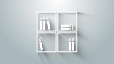 Gri arkaplanda kitap simgesi olan beyaz raf. Raflar işaretli. 4K Video hareketli grafik canlandırması