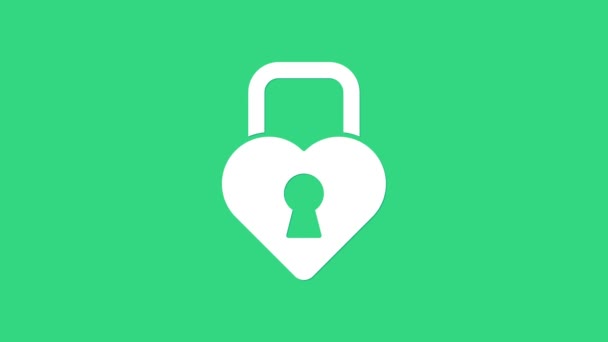 白色城堡,心形图标,绿色背景隔离.锁定的心脏。爱的象征和钥匙孔标志。4K视频运动图形动画 — 图库视频影像
