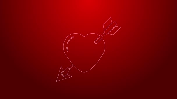 Символ зеленої лінії Амур з піктограмою серця і стрілки ізольовано на червоному тлі. Знак любові. Символ Валентина. 4K Відео рух графічна анімація — стокове відео