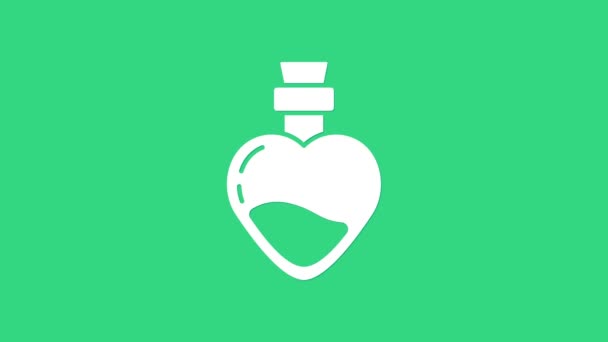 Botella blanca con el icono de la poción de amor aislado sobre fondo verde. Símbolo de San Valentín. Animación gráfica de vídeo 4K — Vídeo de stock