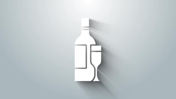 Botella de champán blanco con icono de vidrio aislado sobre fondo gris. Animación gráfica de vídeo 4K — Vídeo de stock