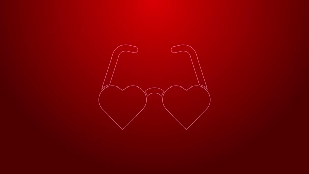 Línea verde Icono de gafas de amor en forma de corazón aislado sobre fondo rojo. Adecuado para el diseño de tarjetas de San Valentín. Animación gráfica de vídeo 4K — Vídeo de stock