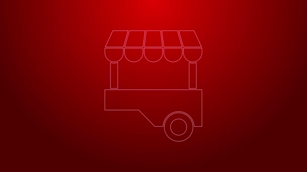 Grön linje Snabb street food vagn med markis ikon isolerad på röd bakgrund. Urbana kiosker. 4K Video motion grafisk animation — Stockvideo