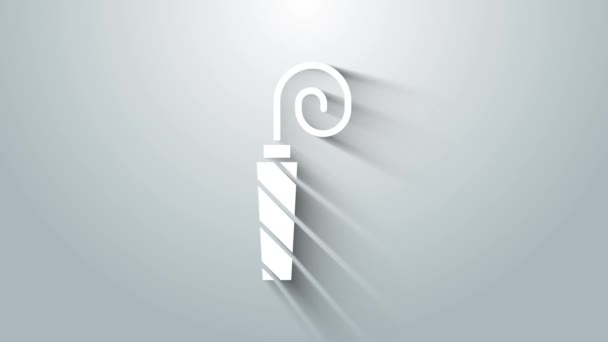 Witte verjaardagsfeesthoorn pictogram geïsoleerd op grijze achtergrond. 4K Video motion grafische animatie — Stockvideo