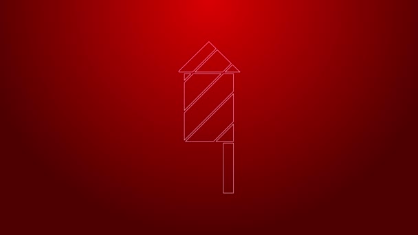 Green line Firework rocket icon isolated on red background. Concept of fun party. Explosive pyrotechnic symbol. 4K Video motion graphic animation — Stock Video