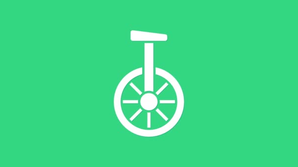 화이트 유니 버터 자전거 (White Unicycle) 또는 바퀴 자전거 아이콘 하나가 녹색 배경에 분리되어 있다. 모노 휠 자전거. 4K 비디오 모션 그래픽 애니메이션 — 비디오