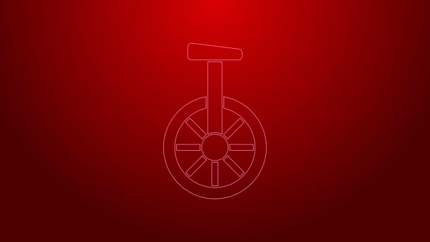 绿线单轮或一个车轮自行车图标隔离在红色背景.单轮自行车。4K视频运动图形动画 — 图库视频影像