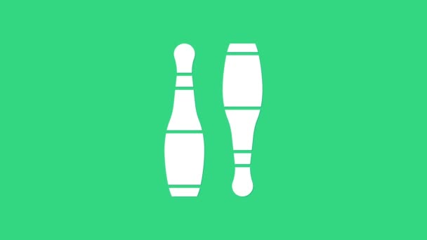 Witte Bowling pin pictogram geïsoleerd op groene achtergrond. Jongleren clubs, circus kegels. 4K Video motion grafische animatie — Stockvideo