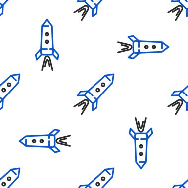 Ateş ikonlu çizgi roket gemisi beyaz arka planda izole edilmiş. Uzay yolculuğu. Renkli taslak konsepti. Vektör.