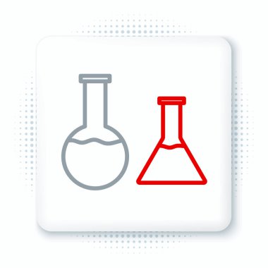 Beyaz arkaplanda çizgi test tüpü ve matara simgesi izole edildi. Kimyasal laboratuvar testi. Laboratuvar camları. Renkli taslak konsepti. Vektör.