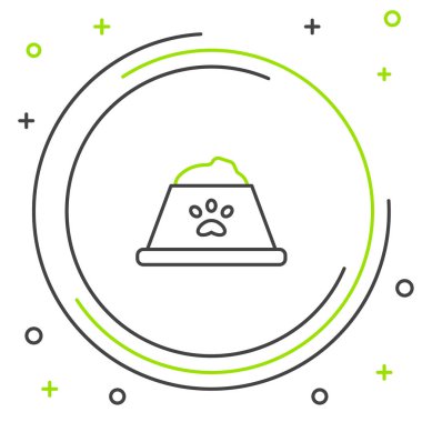 Beyaz arka planda izole edilmiş kedi ya da köpek ikonu için evcil hayvan yemek kasesi. Köpek ya da kedi pençesi izi. Renkli taslak konsepti. Vektör.