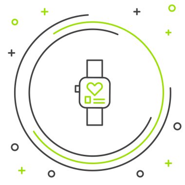 Line Smart saati beyaz arkaplanda kalp atışı simgesini gösteriyor. Fitness uygulaması konsepti. Renkli taslak konsepti. Vektör.