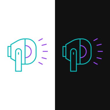 Bisikletli kafa lambası simgesi beyaz ve siyah arkaplanda izole edildi. Bisikletli yol sporu gece lambası. Renkli taslak konsepti. Vektör.