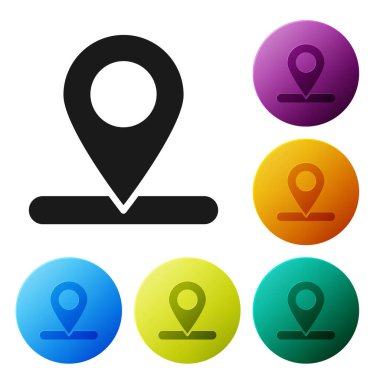 Siyah Harita iğne simgesi beyaz arkaplanda izole edildi. Navigasyon, işaret, konum, harita, GPS, yön, yer, pusula, arama konsepti. Simgeleri renk daire düğmelerine ayarla. Vektör İllüstrasyonu.