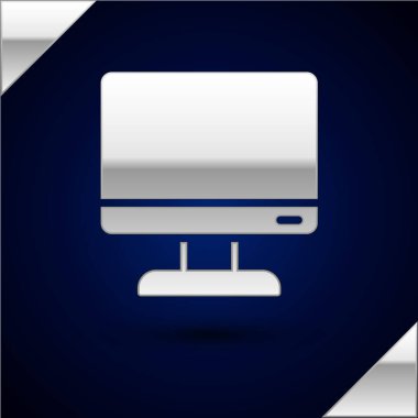 Gümüş Bilgisayar ekran simgesi koyu mavi arkaplanda izole edildi. Elektronik cihaz. Ön manzara. Vektör İllüstrasyonu.