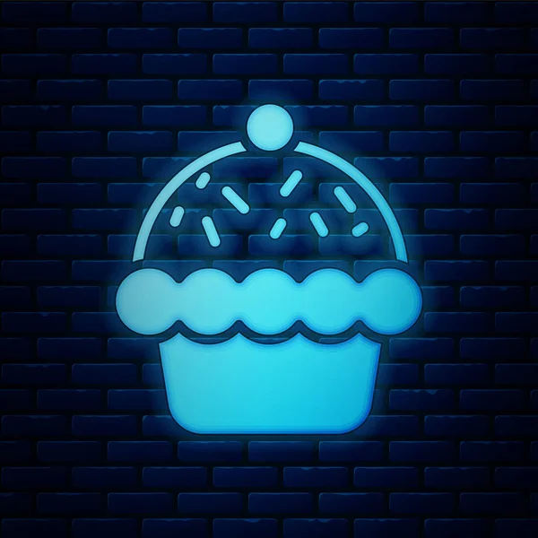 Leuchtende Neon Cupcake Symbol Isoliert Auf Backsteinwand Hintergrund Vektor — Stockvektor