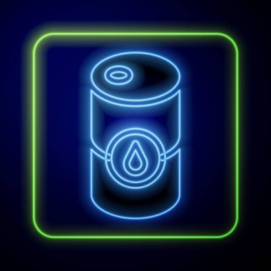 Parlayan neon varil yağ ikonu mavi arka planda izole edildi. Vektör.