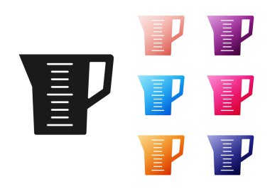 Beyaz zemin üzerinde izole edilmiş kuru ve sıvı yiyecek ikonunu ölçmek için siyah ölçü kabı. Plastik şişenin sapı var. Simgeleri renklendirin. Vektör.