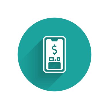 Dolar sembollü beyaz akıllı telefon uzun gölgeli izole edilmiş. İnternetten alışveriş konsepti. Finansal cep telefonu simgesi. Çevrimiçi ödeme. Yeşil daire düğmesi. Vektör.