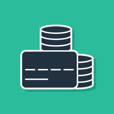 Mavi kredi kartı simgesi yeşil arkaplanda izole edildi. Çevrimiçi ödeme. Nakit çekilmesi. Finansal operasyonlar. Alışveriş tabelası. Vektör.