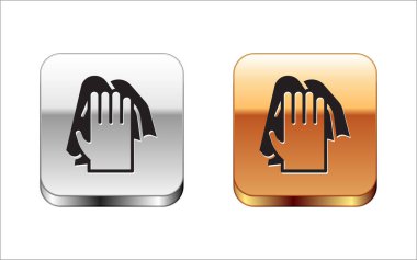 Siyah Temizleme servisi simgesi beyaz arkaplanda izole edildi. Lateks el koruması işareti. Ev işi temizlik ekipmanları sembolü. Gümüş-altın kare düğme. Vektör.