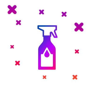 Beyaz arka planda izole edilmiş deterjan likörü ikonu olan renk temizleme spreyi şişesi. Kademeli rastgele dinamik şekiller. Vektör.