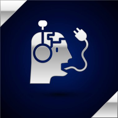 Gümüş Robot şarj simgesi koyu mavi arka planda izole edildi. Yapay zeka, makine öğrenme, bulut hesaplama. Vektör.