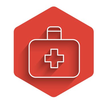 Beyaz çizgi ilk yardım çantası simgesi uzun gölgeli izole edildi. Haçlı sağlık kutusu. Acil durumlar için tıbbi ekipman. Sağlık sigortası konsepti. Kırmızı altıgen düğmesi. Vektör İllüstrasyonu.