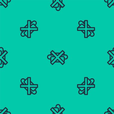 Mavi hat. Abur cubur simgesi yok. Yeşil arka planda kusursuz desen var. Yasak sosisli sandviç. Fast food işareti yok. Vektör.