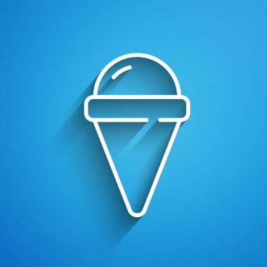 Beyaz çizgi dondurma, mavi arka planda izole edilmiş waffle konisi ikonu. Güzel sembol. Uzun gölge. Vektör.