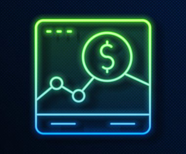 Borsa büyüme grafikleri ve para ikonu mavi arka planda izole edilmiş parlayan neon hattı web sitesi. Ekranda ok grafikleri olan bir monitör. Vektör.