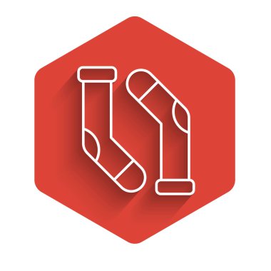 Uzun gölgeli beyaz çizgi çorap ikonu. Kırmızı altıgen düğmesi. Vektör.