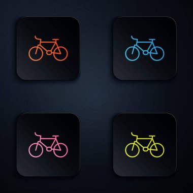 Renk neon çizgisi bisiklet simgesi siyah arkaplanda izole edildi. Bisiklet yarışı. Olağanüstü bir spor. Spor malzemeleri. Kare düğmelere simgeleri yerleştir. Vektör.