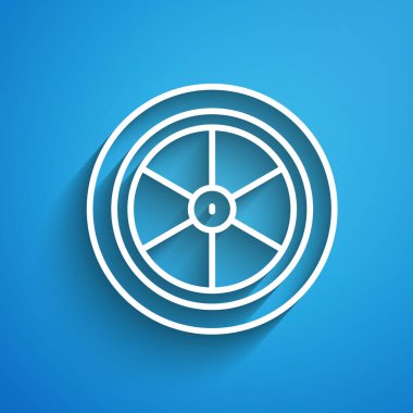 Mavi arka planda beyaz çizgi bisiklet tekerleği simgesi izole edildi. Bisiklet yarışı. Olağanüstü bir spor. Spor malzemeleri. Uzun gölge. Vektör.